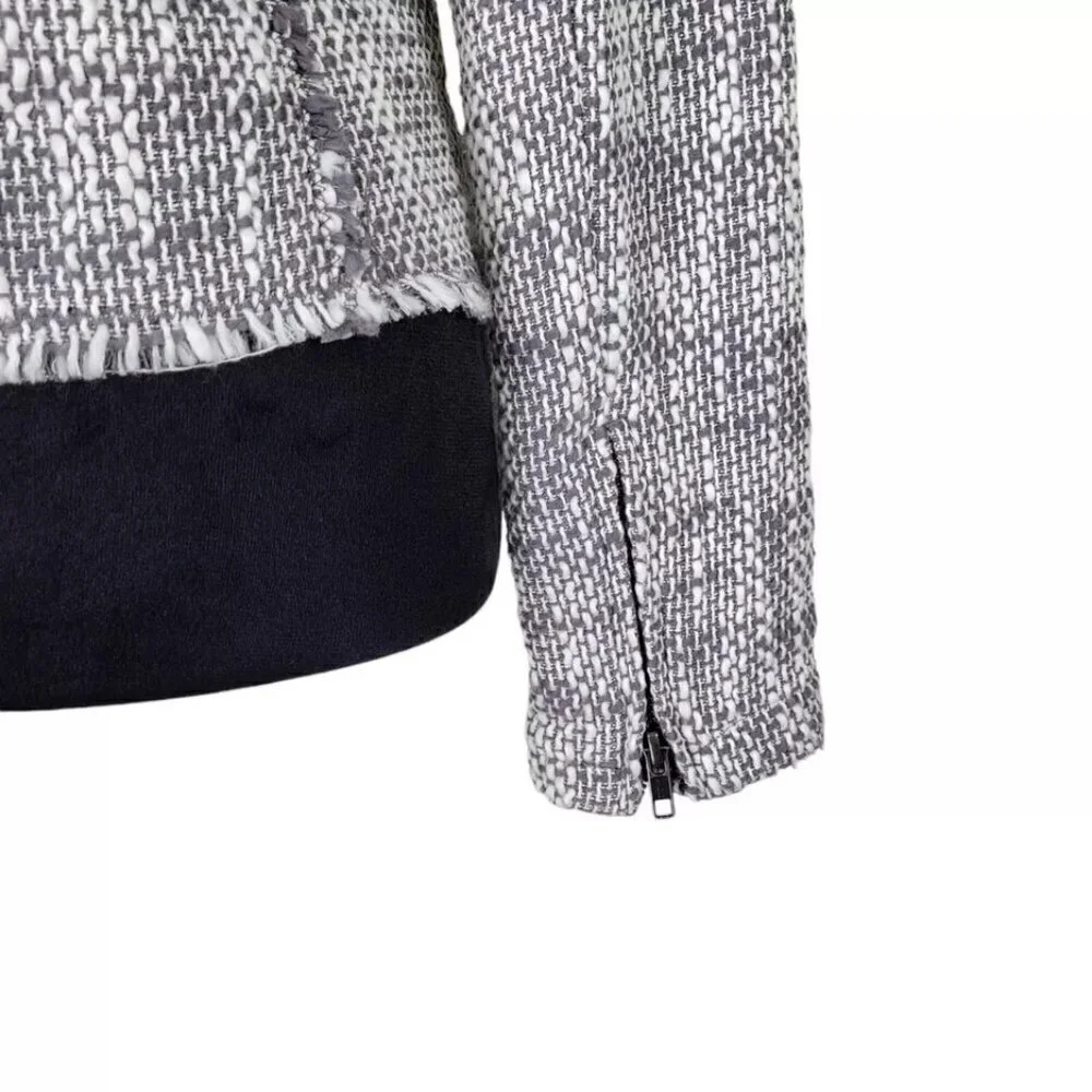 Joie Blazer Size S Gray White Tweed Zip Front Sleeve Fringe Trim Zipper Cuffs